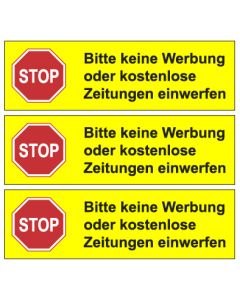 Briefkastenaufkleber "STOP, bitte keine Werbung oder kostenlose Zeitungen einwerfen" TYP 102 | eckig · gelb