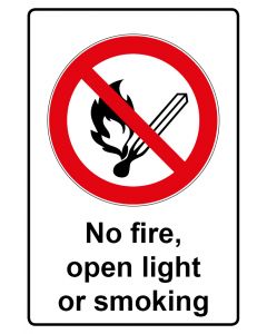 Verbotszeichen Piktogramm & Text englisch · No fire, open light or smoking · Aufkleber | Schild | Magnetschild | Aufkleber stark haftend | Aluminiumschild selbstklebend | Fußbodenaufkleber
