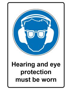 Gebotszeichen Piktogramm & Text englisch · Hearing and eye protection must be worn  · Aufkleber | Schild | Magnetschild | Aufkleber stark haftend | Aluminiumschild selbstklebend | Fußbodenaufkleber