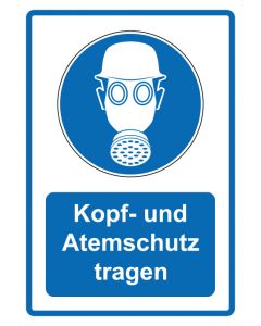 Gebotszeichen Piktogramm & Text deutsch · Kopf- und Atemschutz tragen · blau · Aufkleber | Schild | Magnetschild | Aufkleber stark haftend | Aluminiumschild selbstklebend | Fußbodenaufkleber