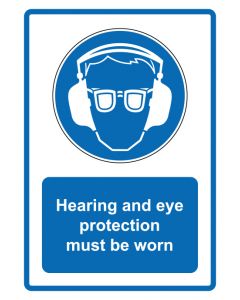 Gebotszeichen Piktogramm & Text englisch · Hearing and eye protection must be worn · blau · Aufkleber | Schild | Magnetschild | Aufkleber stark haftend | Aluminiumschild selbstklebend | Fußbodenaufkleber