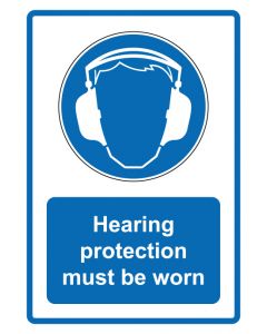 Gebotszeichen Piktogramm & Text englisch · Hearing protection must be worn · blau · Aufkleber | Schild | Magnetschild | Aufkleber stark haftend | Aluminiumschild selbstklebend | Fußbodenaufkleber