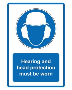 Gebotszeichen Piktogramm & Text englisch · Hearing and head protection must be worn · blau · Aufkleber | Schild | Magnetschild | Aufkleber stark haftend | Aluminiumschild selbstklebend | Fußbodenaufkleber
