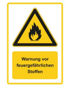 Warnzeichen Piktogramm & Text deutsch · Warnung vor feuergefährlichen Stoffen · gelb · Aufkleber | Schild | Magnetschild | Aufkleber stark haftend | Aluminiumschild selbstklebend | Fußbodenaufkleber
