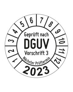 Jahresprüfplakette Geprüft nach DGUV Vorschrift 3 - Jahreszahl - im Kreisbogen